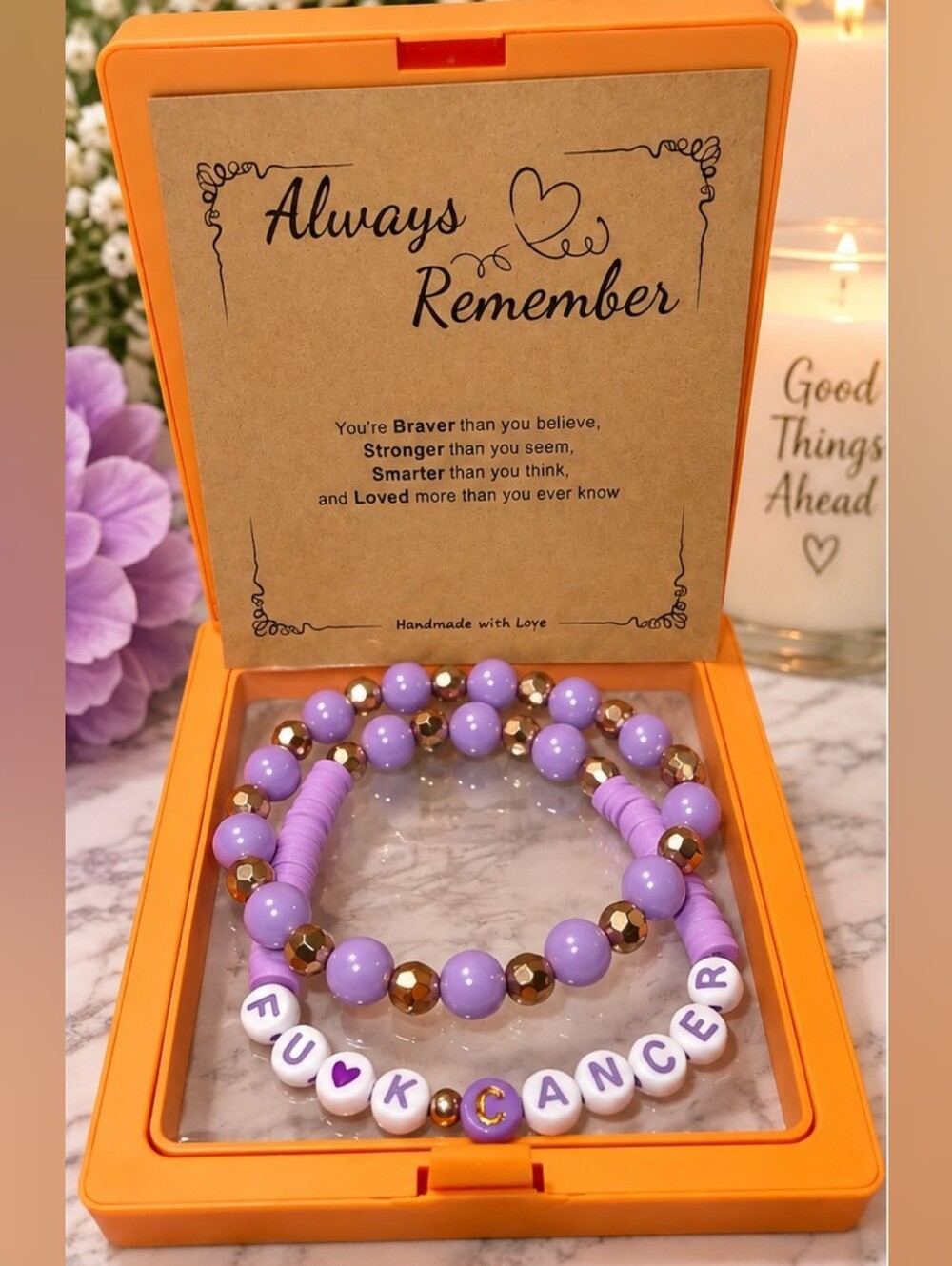 F*CK CANCER 💜 Lavender Beaded Bracelet Stack Inspirational Gift Boxed
